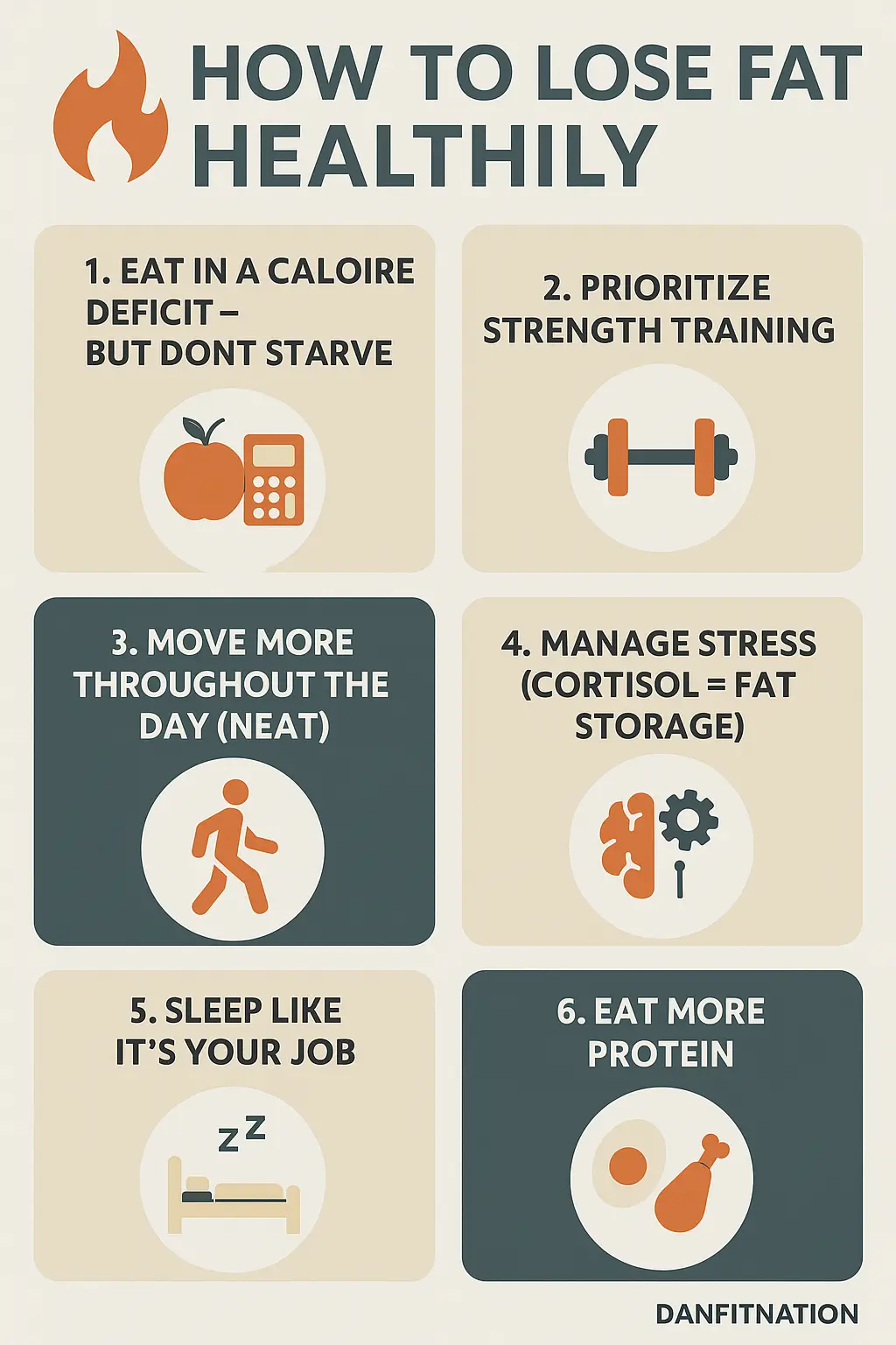 Infographic titled 'How to Lose Fat Healthily' outlining six strategies: 1. Eat in a calorie deficit but don't starve, 2. Prioritize strength training, 3. Move more throughout the day (NEAT), 4. Manage stress (cortisol = fat storage), 5. Sleep like it's your job, 6. Eat more protein.