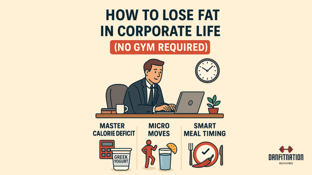 Minimalist infographic showing Lose Fat and Get Fit hacks for corporate workers: hydration, protein, micro-movements, thermogenic foods, caffeine, sleep, and desk workouts.