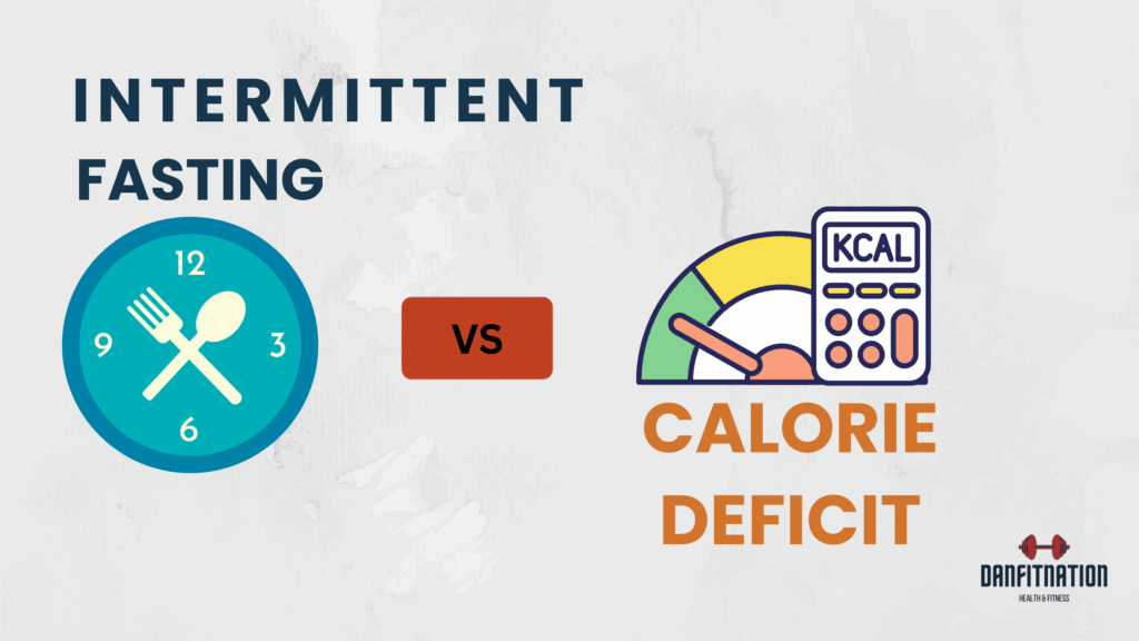 Banner comparing intermittent fasting and calorie deficit with bold text, clock and calorie icons, and the question "What works best?" at the bottom.